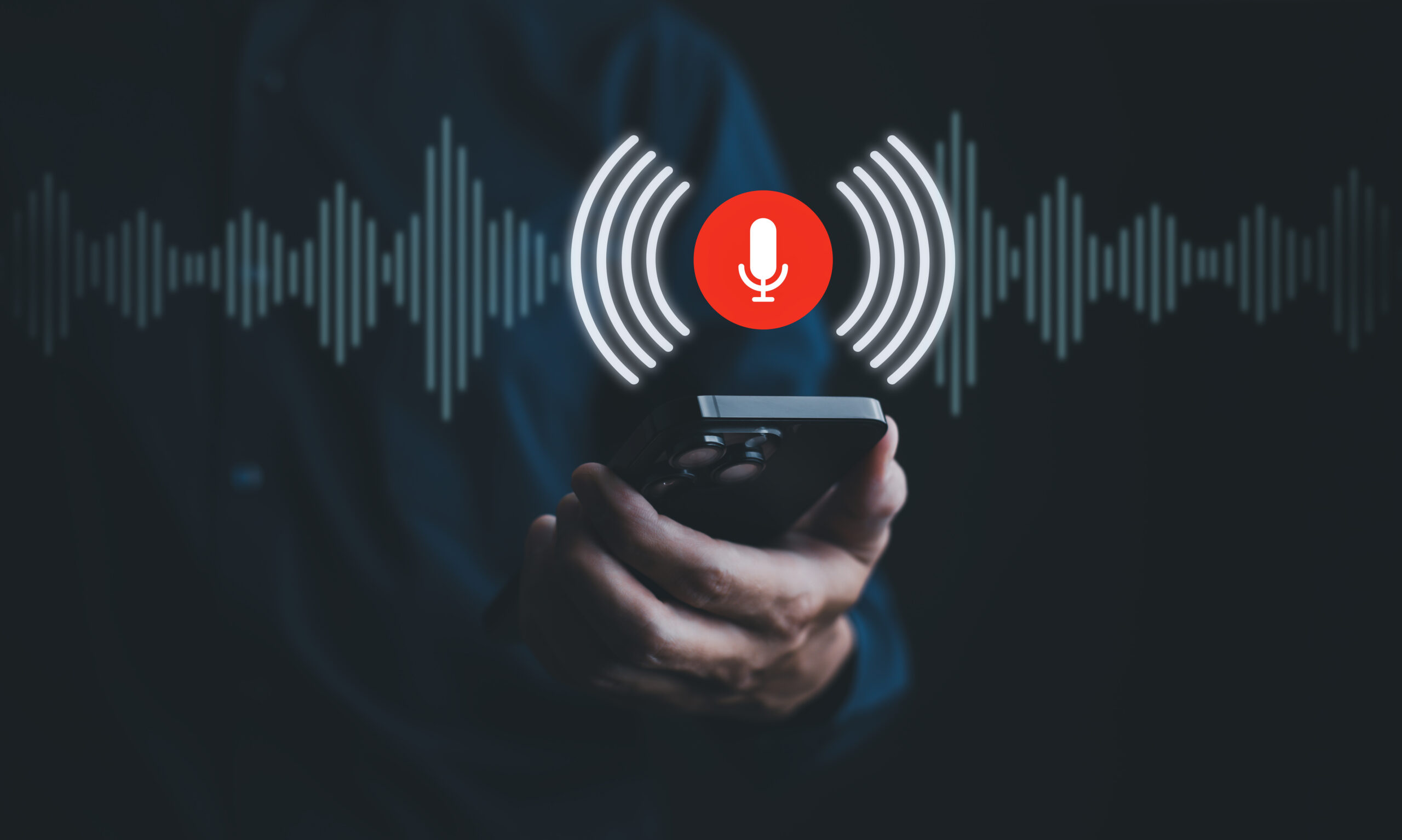 Businessman using mobile and touch microphone button on virtual screen. Blog blog speak talk advertising presentation,Voice recognition, speech detection and deep learning application,Voice Assistance