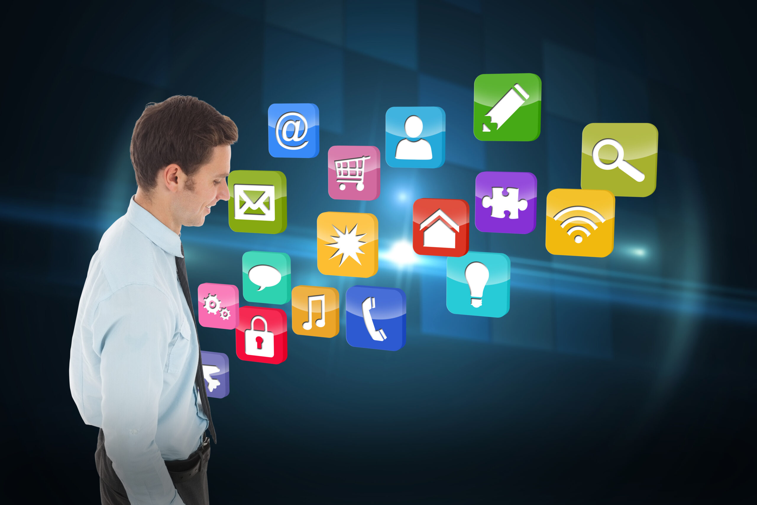 Happy businessman standing with hand in pocket against technical background with squars