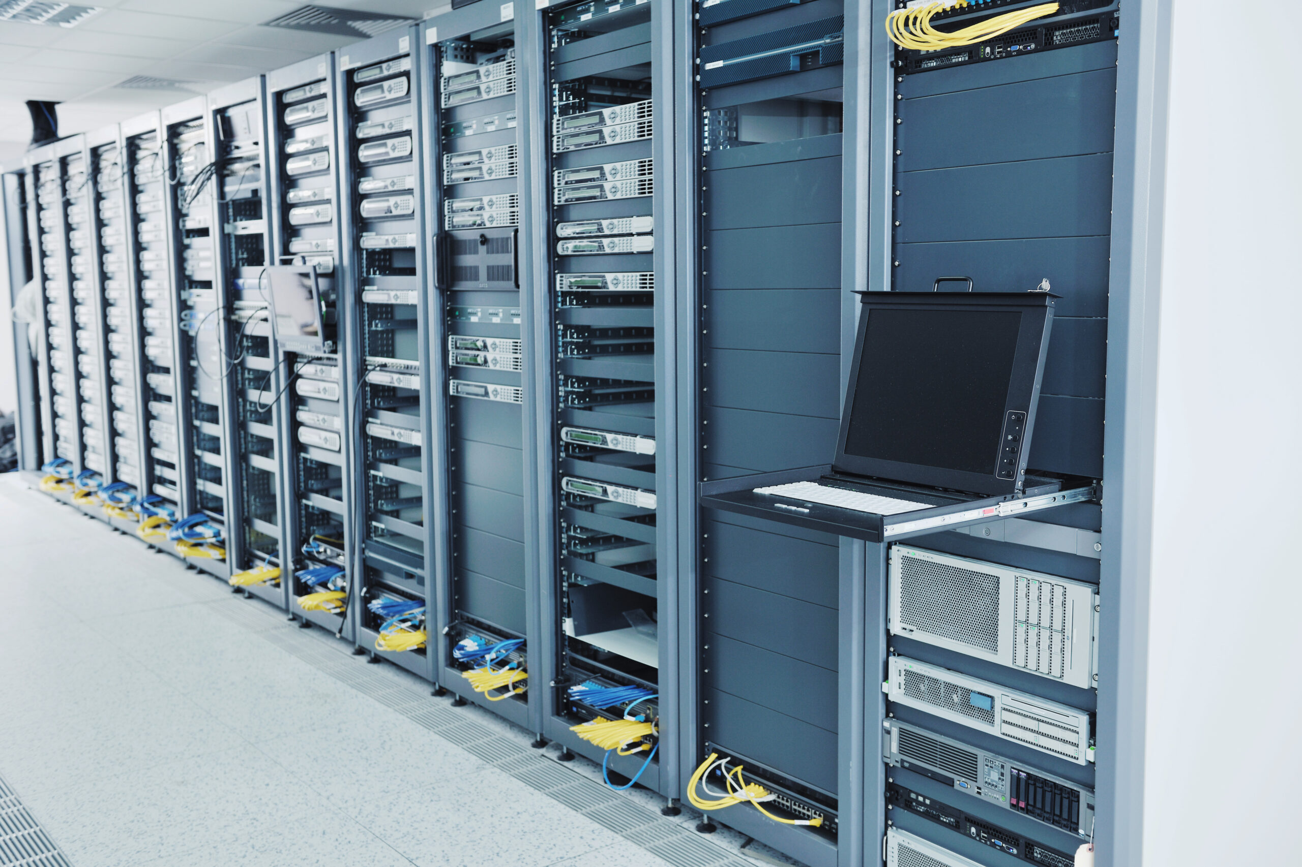 network server room with computers for digital tv ip communications and internet
